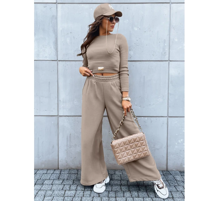 Dámský komplet širokých kalhot a crop topu ASTRAL ALLURE tmavě béžový FashionStreet AY0905