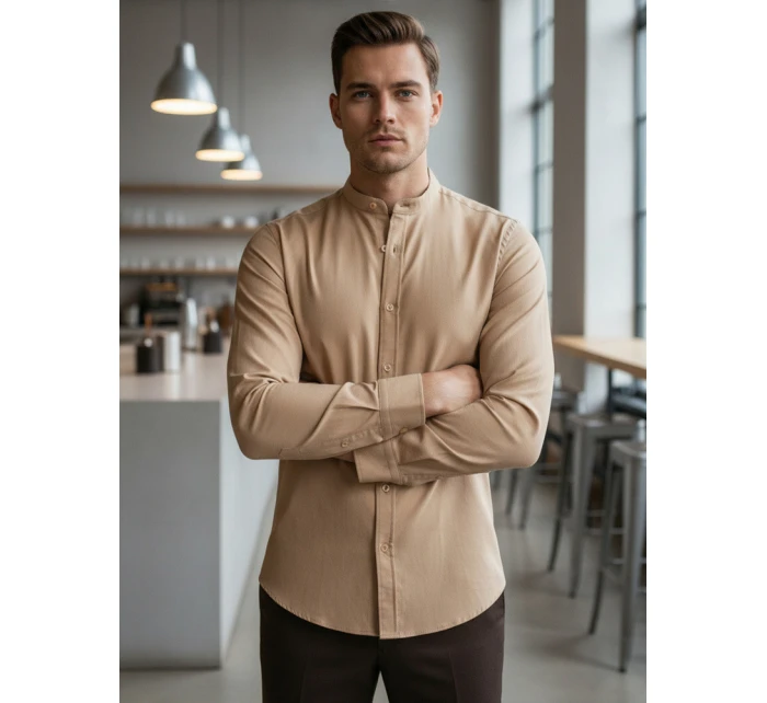 Pánská ležérní béžová košile SLIM FIT se stojáčkem FashionStreet DX2601