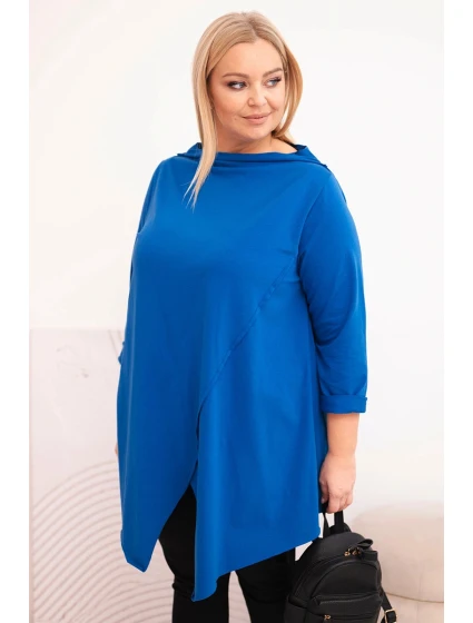 Dámská bavlněná blůza Plus Size asymetrická s ohrnutým rukávem chabrová