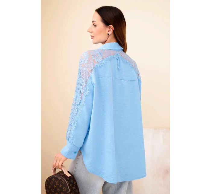 Dámská viskózová košile s krajkovými rukávy a límečkem modrá Dámská viskózová košile s krajkovými rukávy a límečkem modrá