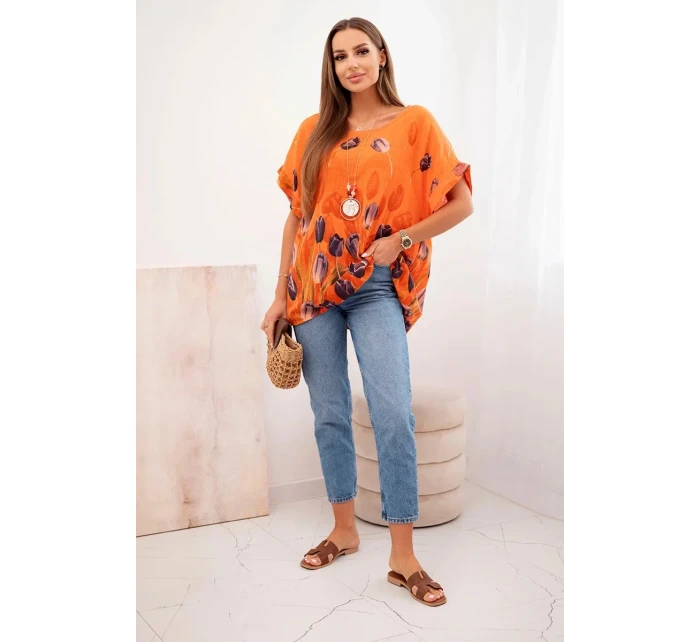 Dámská bavlněná košile s květinovým vzorem pomeranč
