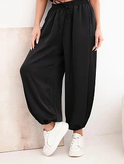 Dámské široké kalhoty s gumou v pase a vázáním ve stylu model 22064413 černé - K-Fashion