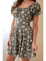 Dámské květované šaty s nabíraným rukávem a elastickým pasem khaki Dámské květované šaty s nabíraným rukávem a elastickým pasem khaki