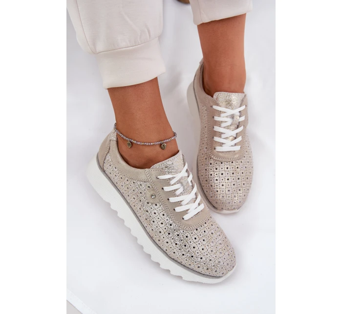 Semišové perforované tenisky na platformě zlaté LR51-927