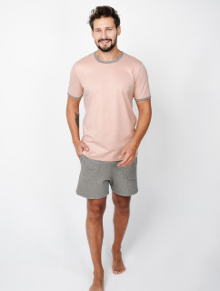 Pánské pyžamo Nikodem, krátký rukáv, krátké kalhoty - lososově růžová/střední melanž