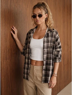 Dámská bavlněná košile s kostkovaným vzorem, tmavě hnědá, FashionStreet DY0512