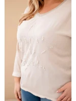 Dámská blůza Plus Size s potiskem a perlami béžová