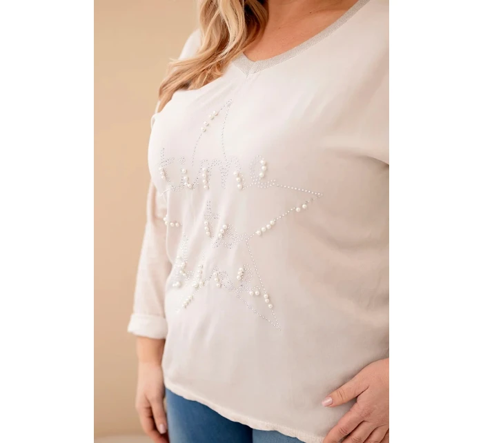 Dámská blůza Plus Size s potiskem a perlami béžová