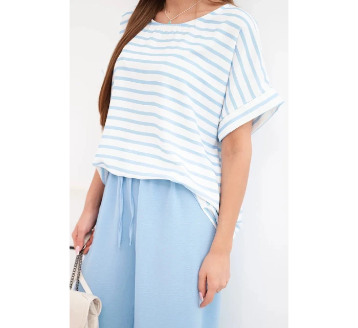 Dámská souprava viskózová s pruhovanou blůzou a širokými kalhotami s gumou modrý