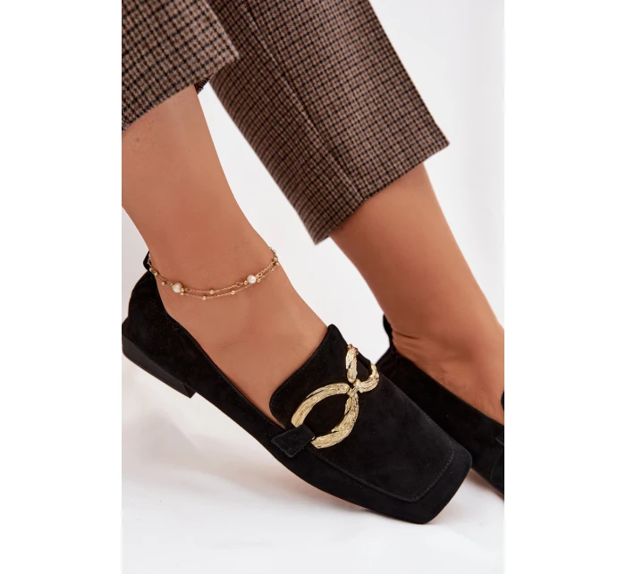 Dámské mokasíny z přírodního semiše zlatý detail D&A model 22031903 Černé - S.Barski