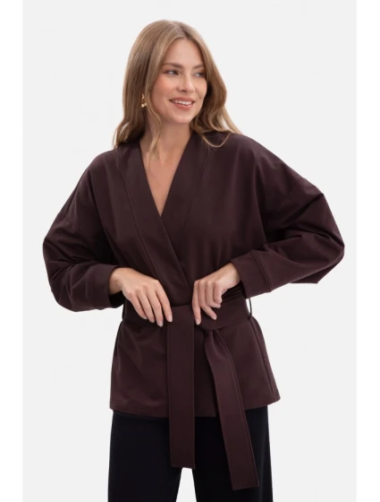 B297 Pletené sako bez límce s otevřenou přední částí - tmavá čokoláda