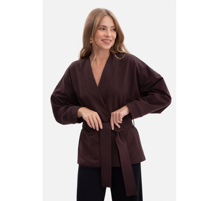 B297 Pletené sako bez límce s otevřenou přední částí - tmavá čokoláda