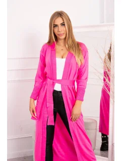 Sweter długi kardigan wiązany w talii różowy neon