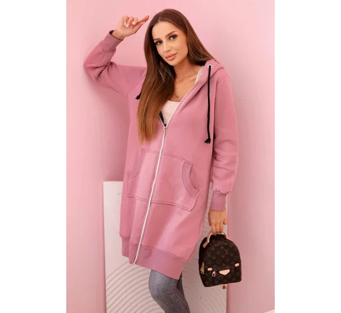 Dámská zateplená mikina s kapucí a zipem tmavě růžová