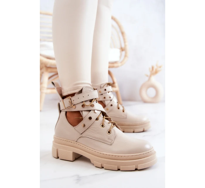 Kožené dámské kozačky s výřezy Světle béžová model 21576609 - Boto