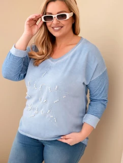 Dámská blůza Plus Size s nápisem a perličkami v modré barvě model 21886585 - K-Fashion