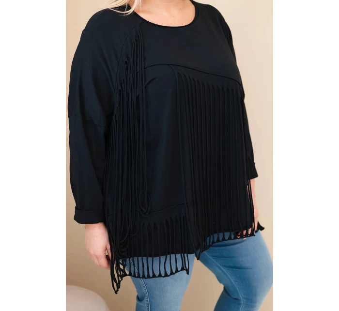 Dámská bavlněná blůza Plus Size s třásněmi černá
