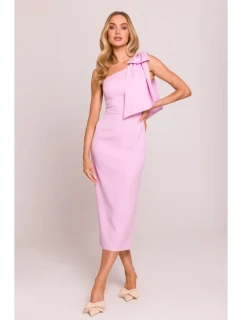 Šaty na jedno rameno s mašlí růžové model 20970613 - Moe