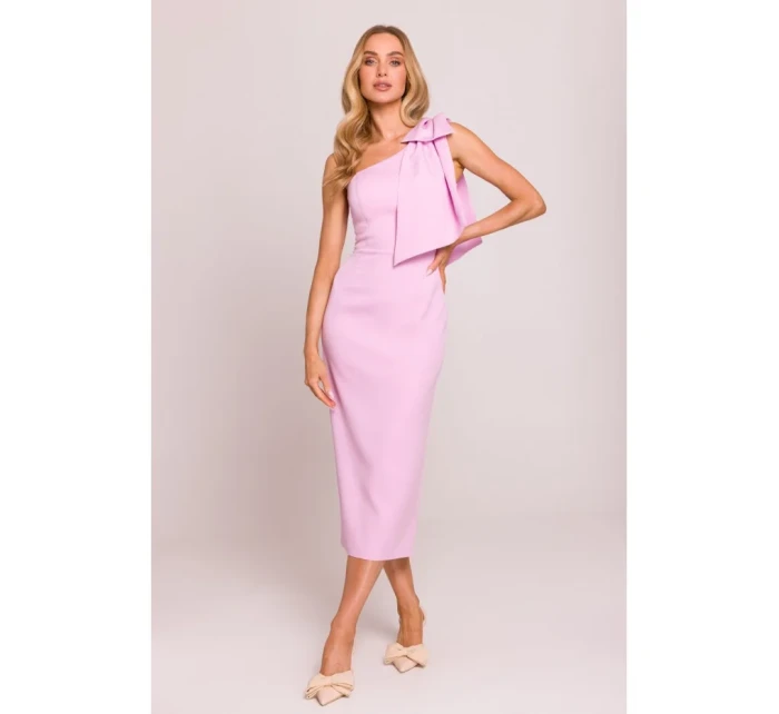 Šaty na jedno rameno s mašlí růžové model 20970613 - Moe Šaty na jedno rameno s mašlí růžové model 20970613 - Moe