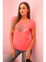 Dámská bavlněná blůza s krátkým rukávem a potiskem neonová oranžová model 21259030 - K-Fashion Dámská bavlněná blůza s krátkým rukávem a potiskem neonová oranžová model 21259030 - K-Fashion