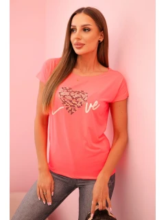 Dámská bavlněná blůza s krátkým rukávem a potiskem neonová oranžová model 21259030 - K-Fashion