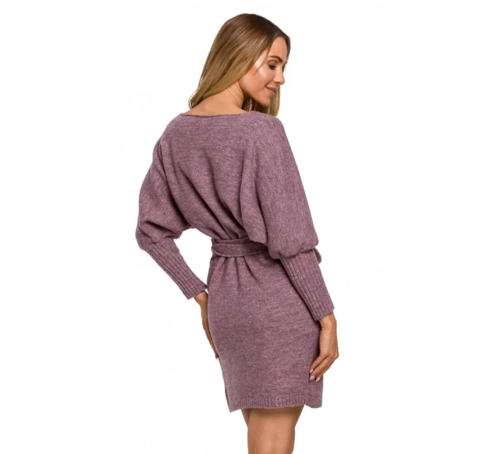 M631 Zavinovací svetrové šaty s vázáním - vřesové