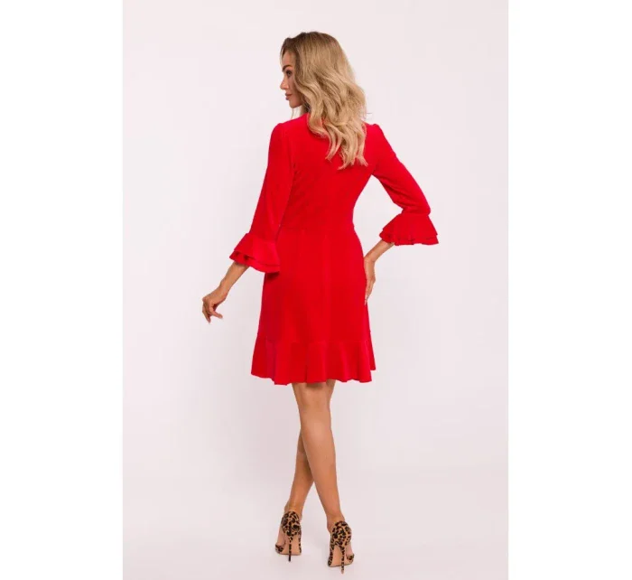 model 20555685 Sametové šaty s volánky červené - Moe