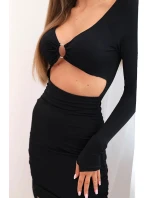 Dámské šaty s dlouhým rukávem a průstřihem v pase s ozdobným model 21086146 černý - K-Fashion