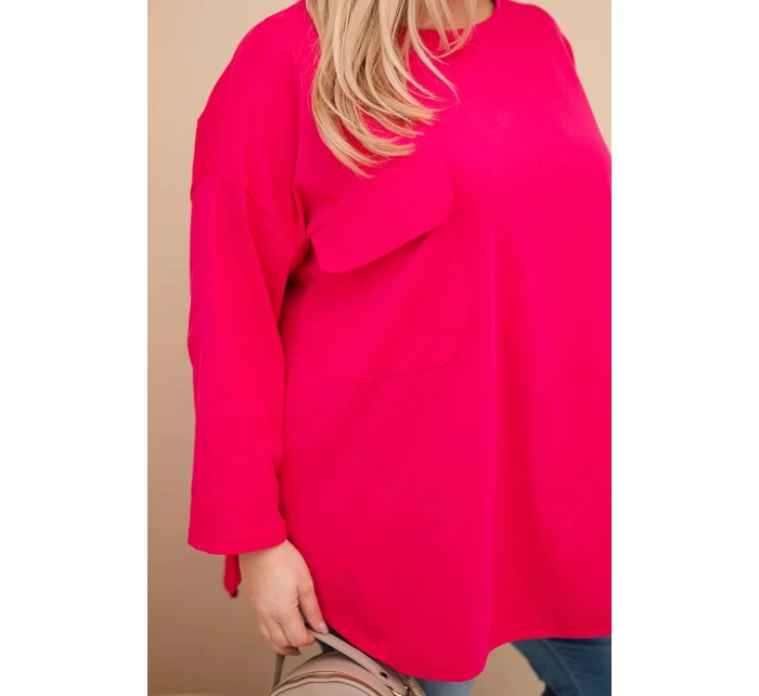 Dámská blůza Plus Size s bavlnou, kapsou a ohrnovaným rukávem fuchsie