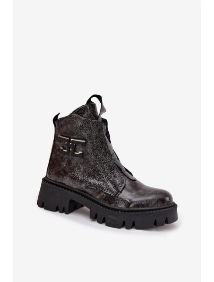 Dámské lakované boty Artiker – grafitové, zateplené, s ozdobou
