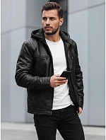 Pánská kožená zateplená bunda s kapucí, černá, FashionStreet TX5145 Pánská kožená zateplená bunda s kapucí, černá, FashionStreet TX5145