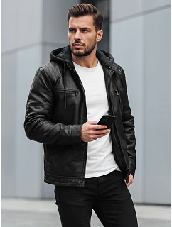 Pánská kožená zateplená bunda s kapucí, černá, FashionStreet TX5145