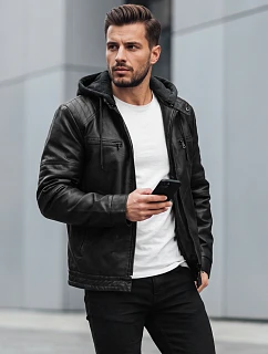 Pánská kožená zateplená bunda s kapucí, černá, FashionStreet TX5145