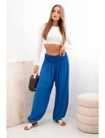 Dámské viskózové kalhoty s širokými nohavicemi a volánky chrpově modrá