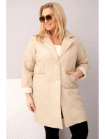 Dámská bunda Plus Size prošívaná s ozdobnými knoflíky a límcem tmavě béžová