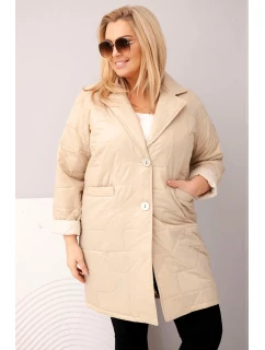 Dámská bunda Plus Size prošívaná s ozdobnými knoflíky a límcem tmavě béžová