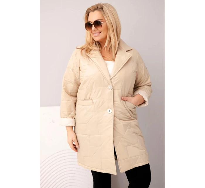 Dámská bunda Plus Size prošívaná s ozdobnými knoflíky a límcem tmavě béžová