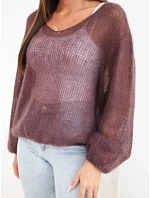 Dámský svetr z 70 % kid mohairu s výstřihem do V volného střihu hnědý Dámský svetr z 70 % kid mohairu s výstřihem do V volného střihu hnědý