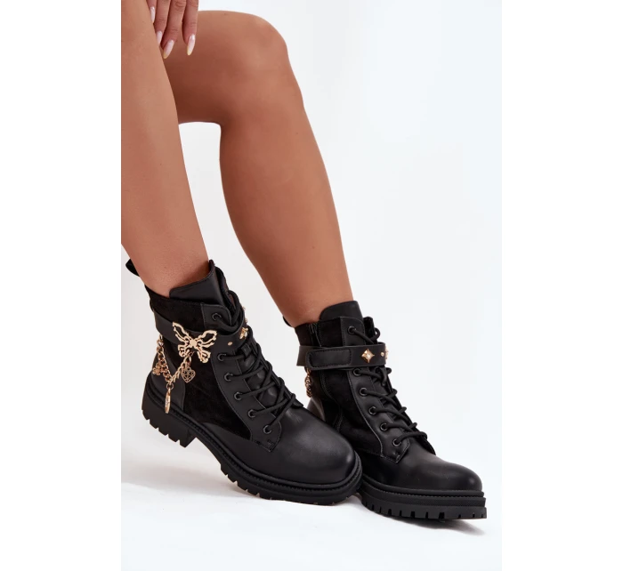 Dámské Pracovní Boty Zateplené Se Zlatým Řetězem A Přívěsky Černé Vessara