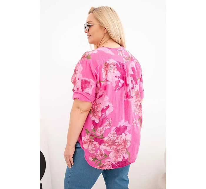 Dámská bavlněná halenka Plus Size s výstřihem do V v květinovém vzoru růžová