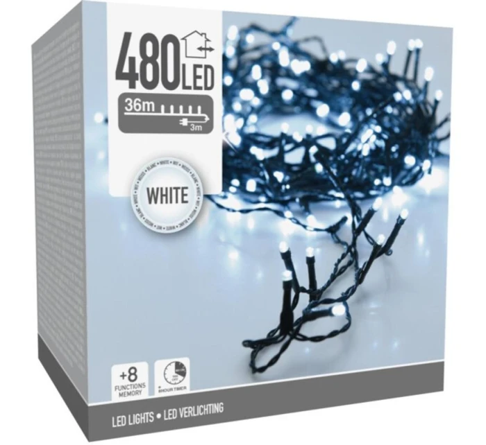 VÁNOČNÍ STROM SVĚTLA SVĚTELNÝ ŘETĚZ 480 VEDL ČASOVAČ STUDENÁ BÍLÁ