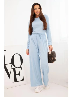 Dámský viskózový komplet s blůzkou a širokými kalhotami modrý