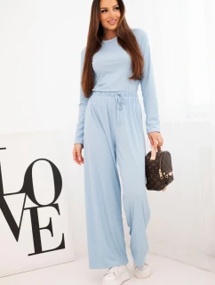 Dámský viskózový komplet s blůzkou a širokými kalhotami modrý