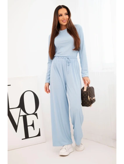 Dámský viskózový komplet s blůzkou a širokými kalhotami modrý