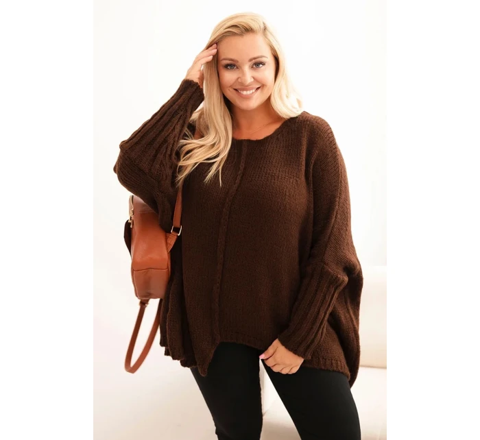 Dámský svetr Plus Size z model 21297042 s volným střihem a rukávem 3/4 hnědý - K-Fashion