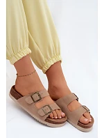 Kožené semišové dámské pantofle s přezkami tmavě béžové model 22125558 - Boto