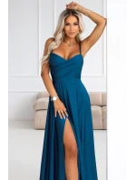 model 21848973 Dlouhé večerní šaty bez ramínek s rozparkem na nohou námořnické barvy - numoco basic