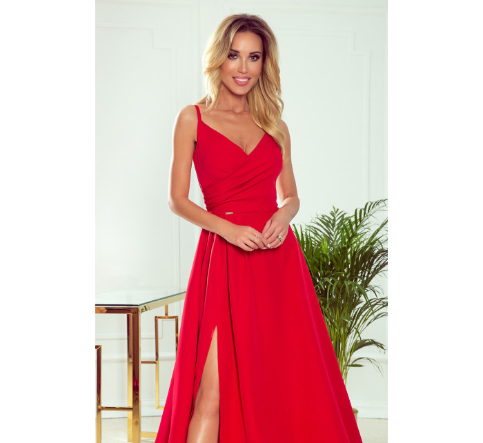 CHIARA Elegantní červené dámské maxi šaty na ramínkách model 8550122 - numoco