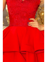 Dámské exkluzivní šaty s dvojitou sukénkou a krajkovým dekoltem červené - Červená - Numoco