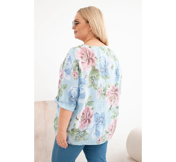Dámská bavlněná halenka Plus Size s krátkým rukávem a květinovým vzorem modrá
